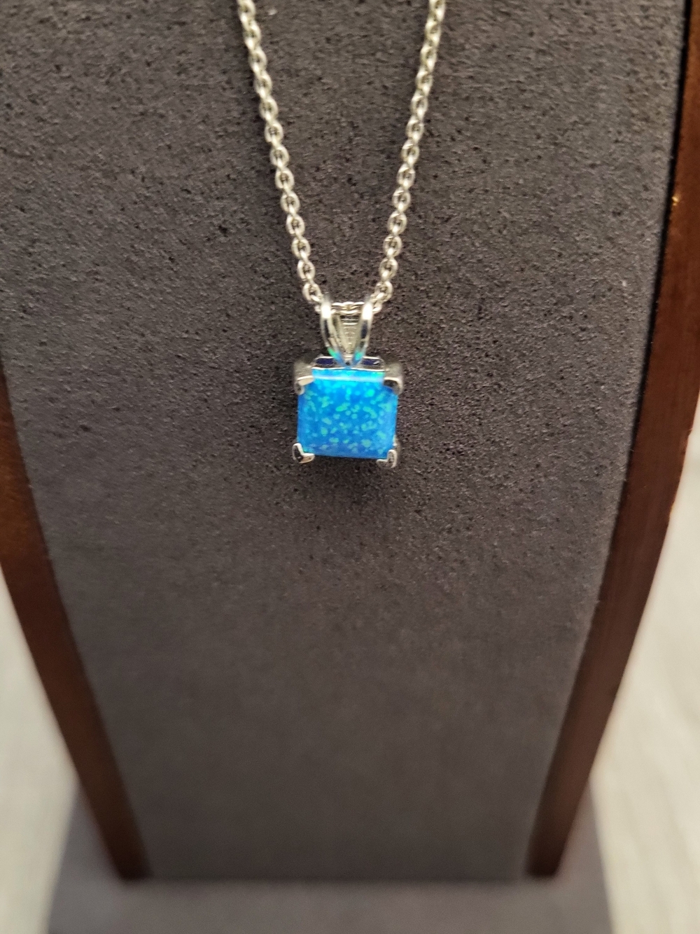 Sterling Silver Blue Opal Square Pendant Necklace